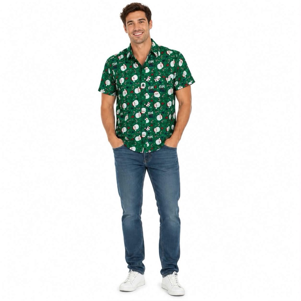 Mens Ugly Christmas Holiday Santa Claus Button Down Short Sleeve Shirt Medium